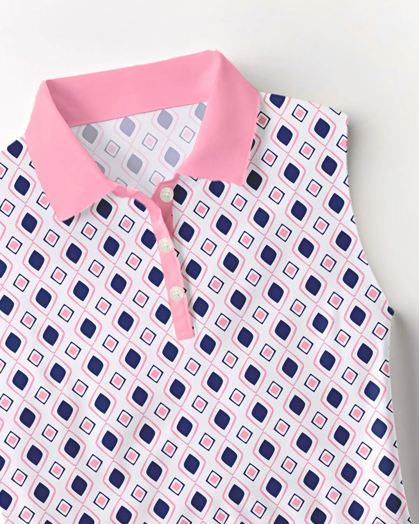 women's sleeveless golf polo in Par-fect Diamonds print - fabric closeup front view
