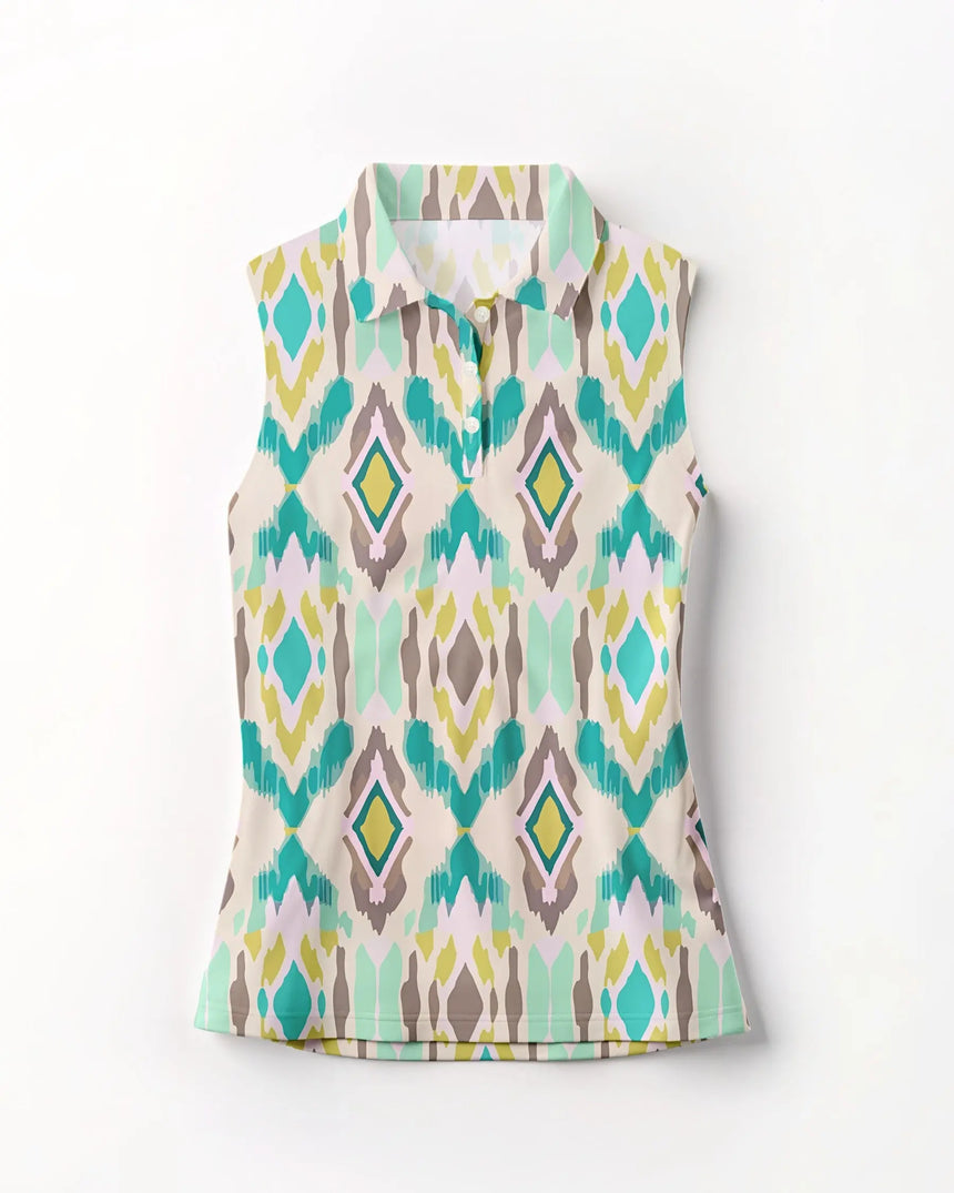 women's sleeveless golf polo in Par-tee Tribe print - front view