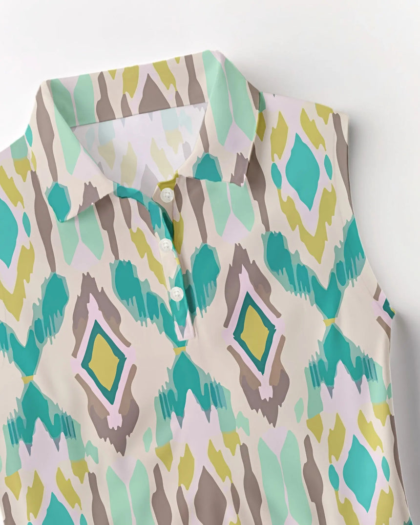 women's sleeveless golf polo in Par-tee Tribe print - fabric closeup front view