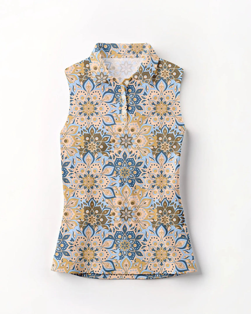 women's sleeveless golf polo in Retro Botanic print - front view