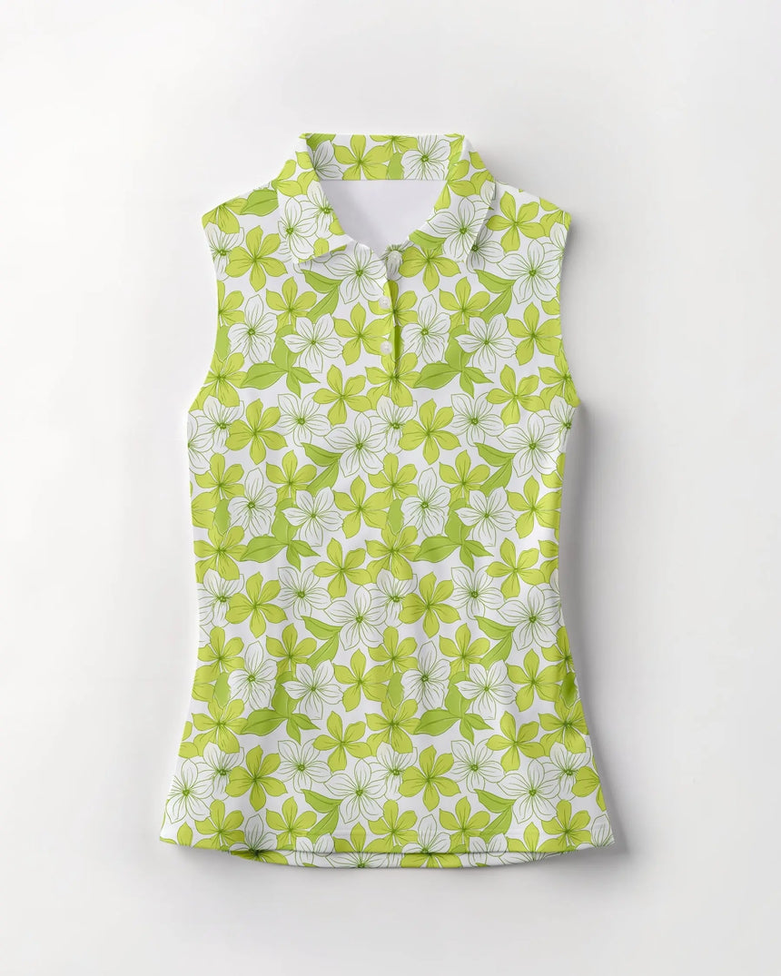 Green floral print sleeveless golf polo shirt on a white background