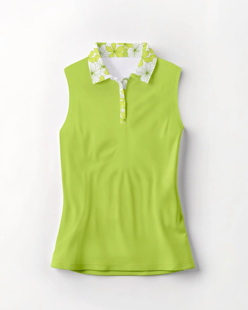 Green sleeveless golf polo with white floral collar on a white background