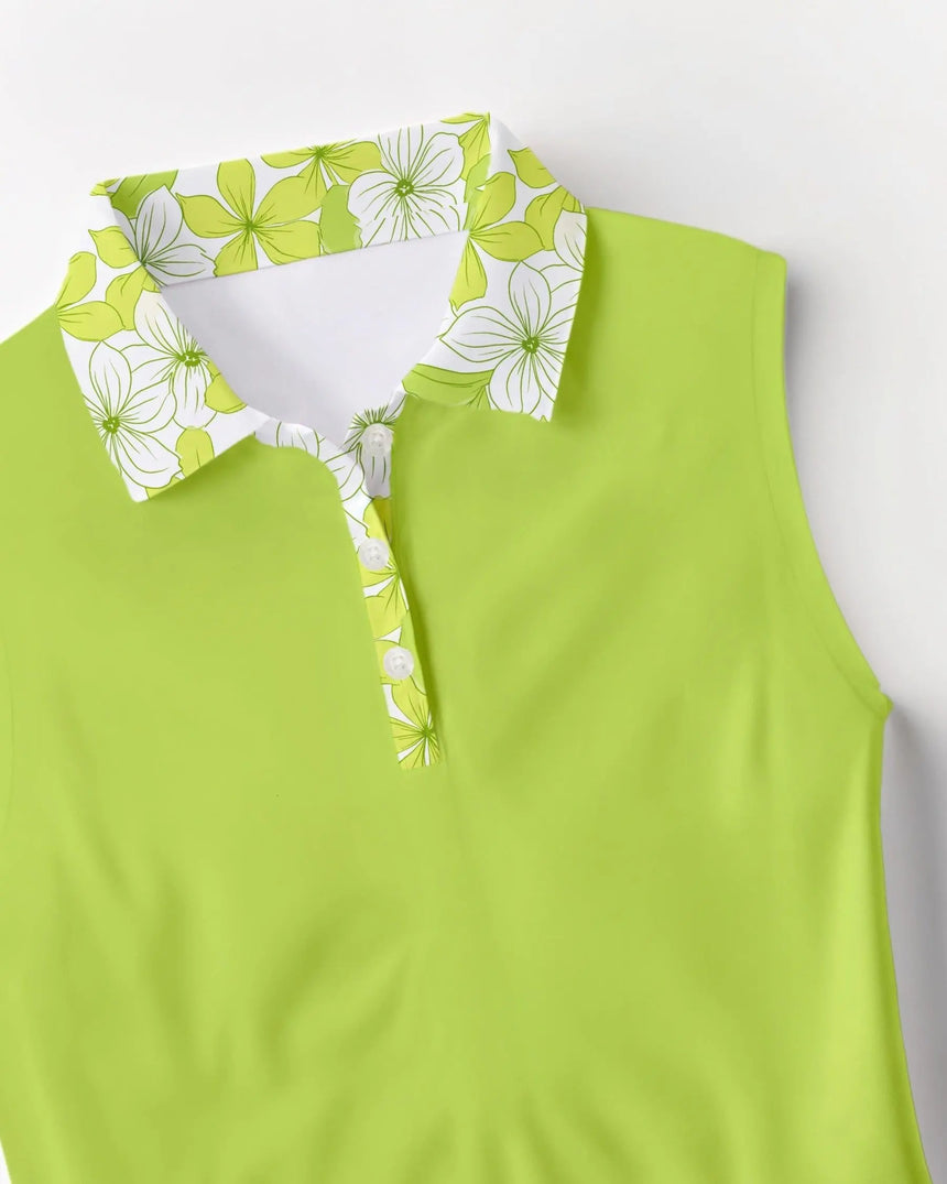 Green sleeveless women's golf polo with floral print collar