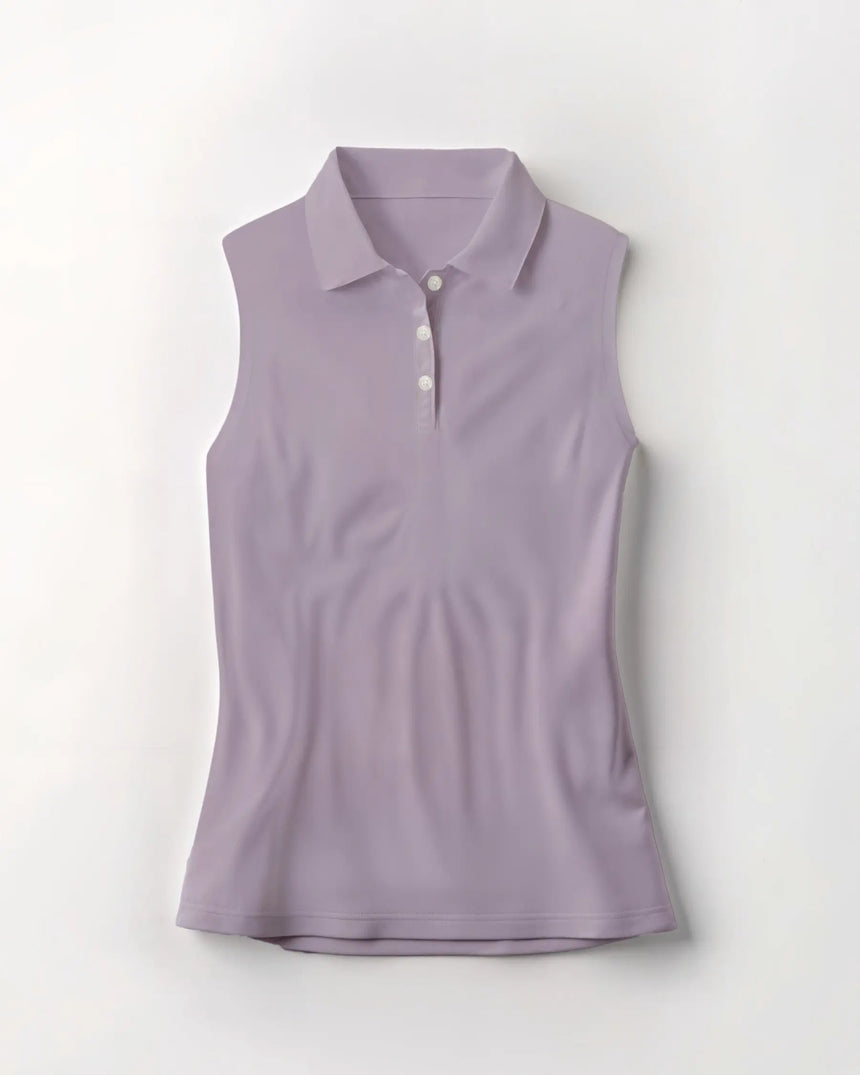 women's sleeveless golf polo in Whispering Wedges print - front view