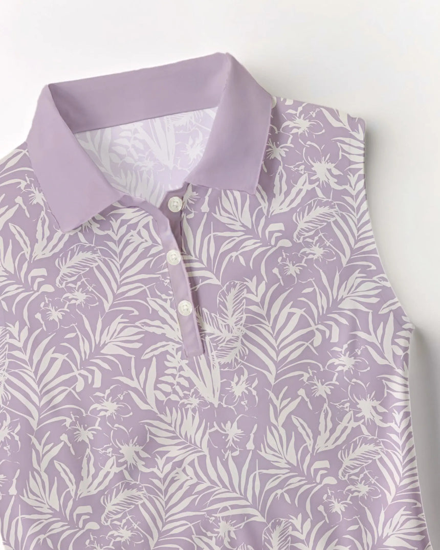 women's sleeveless golf polo in Whispering Wedges print - fabric closeup front view