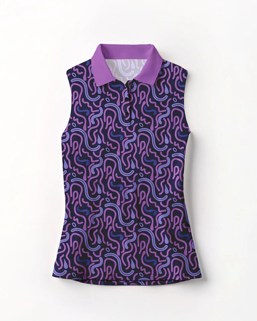 women's sleeveless golf polo in Wild Tee Party print - front view