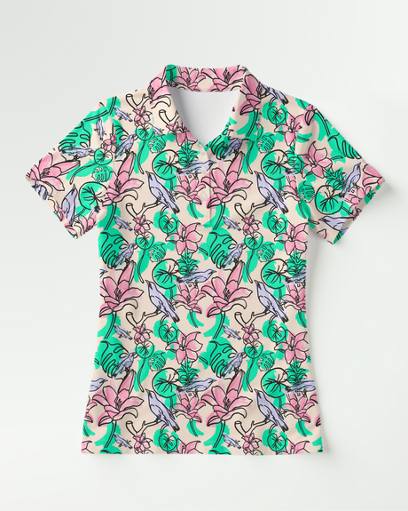 Short-sleeve shirt with colorful floral and bird pattern on a white background