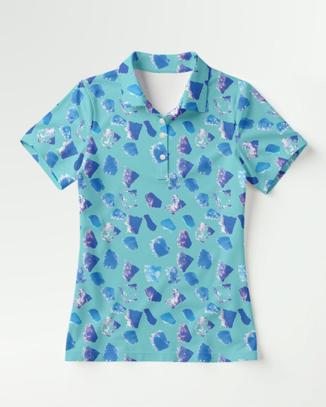 Women's short sleeve blue patterned polo shirt on a white background