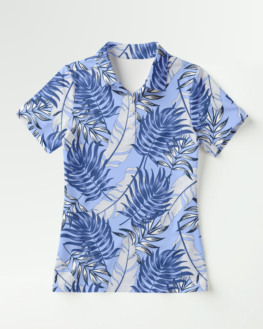 Blue tropical print short-sleeve women's golf polo on a light background