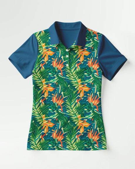 Tropical patterned shirt with blue collar on a white background