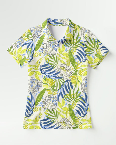 Short-sleeve golf shirt with tropical leaf pattern on a white background