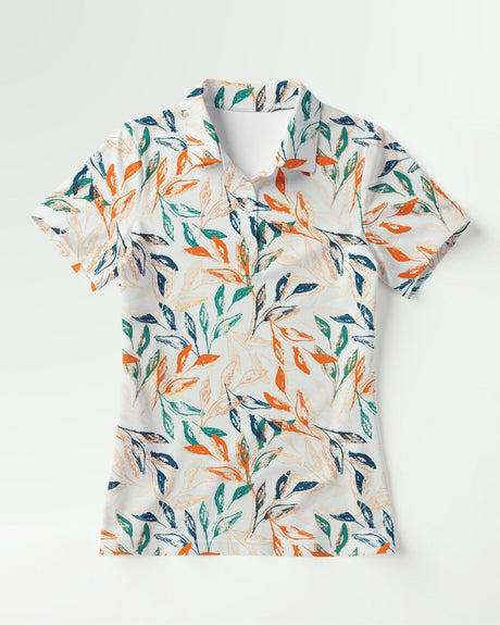 Short-sleeve polo shirt with colorful leaf pattern on a white background