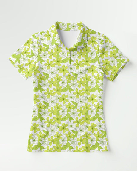 Green floral patterned golf shirt on a white background