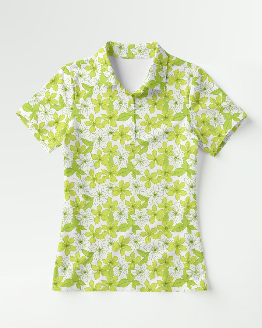 Green floral patterned golf shirt on a white background