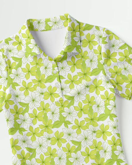 Green floral patterned golf polo on a white background