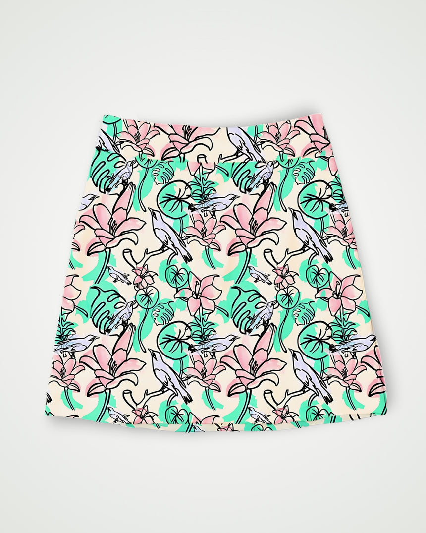 Golf Skirt with floral and birdie pattern on a white background