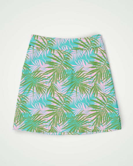 Golf skirt with tropical leaf pattern on a white background