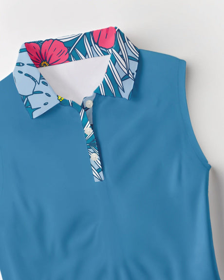 Blue sleeveless golf shirt with a colorful floral collar on a light gray background