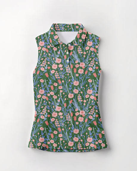 Floral sleeveless golf polo on a white background