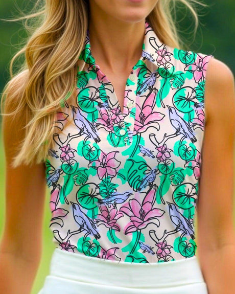 Colorful floral pattern sleeveless golf shirt worn by a woman
