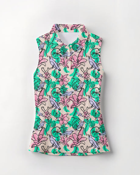 Green and pink floral and birds pattern sleeveless golf shirt for women