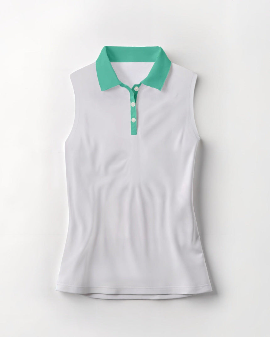 White sleeveless polo shirt with green collar on a white background