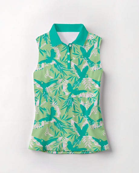 Green sleeveless women's golf polo with bird pattern on a white background