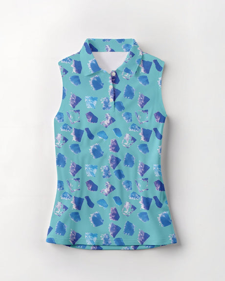 Blue sleeveless patterned polo shirt on a white background
