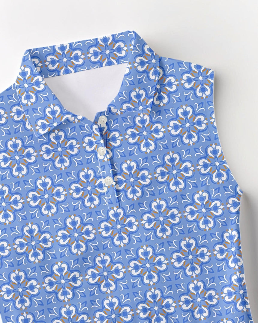 Blue floral pattern golf polo shirt for women