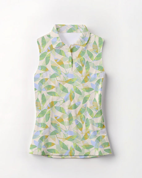 Sleeveless golf polo with leaf pattern on a white background