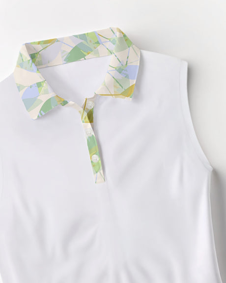 White sleeveless golf shirt with a colorful collar on a white background