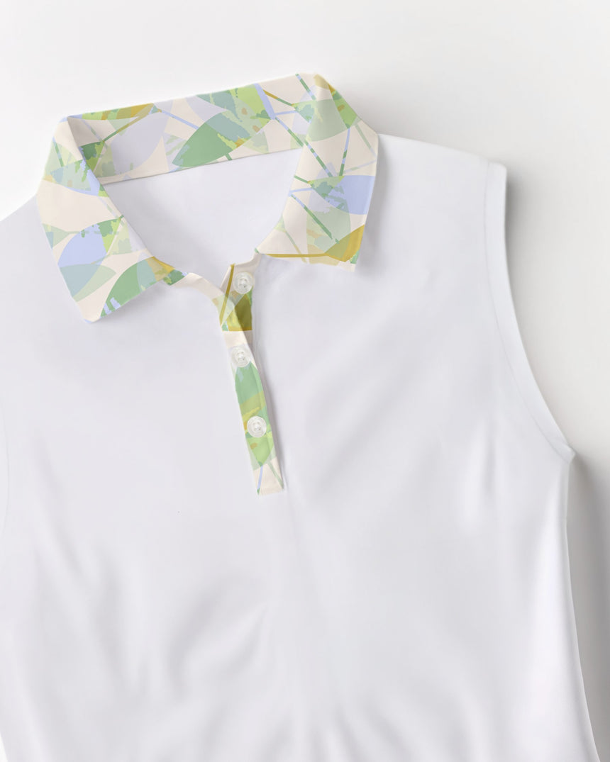 White sleeveless golf shirt with a colorful collar on a white background