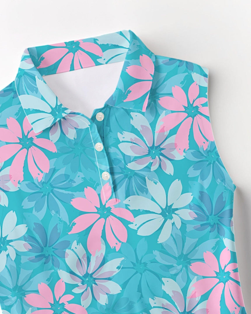 Floral patterned golf polo with pink and blue flowers on a white background