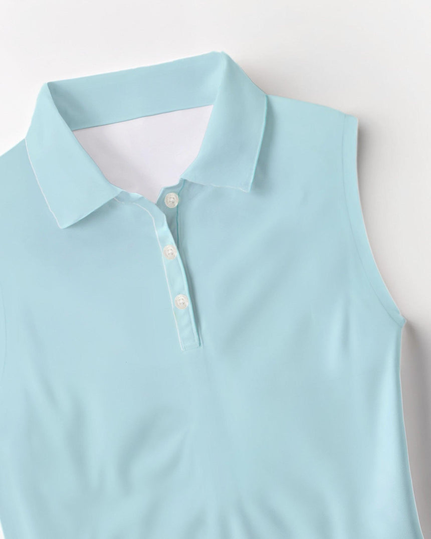 Light blue sleeveless polo shirt with a collar on a light gray background