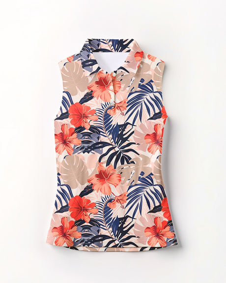 Tropical floral sleeveless golf polo on a white background