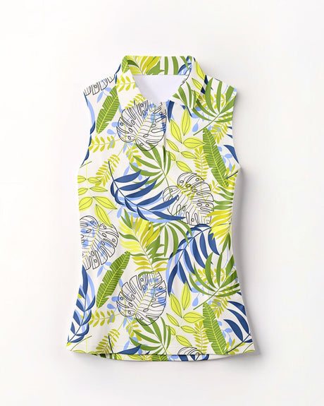 Tropical leaf patterned sleeveless golf polo on a white background