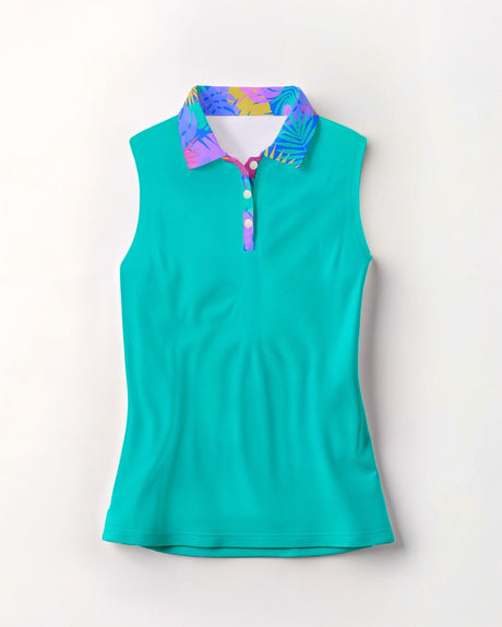Turquoise sleeveless polo shirt with multicolored collar on a white background