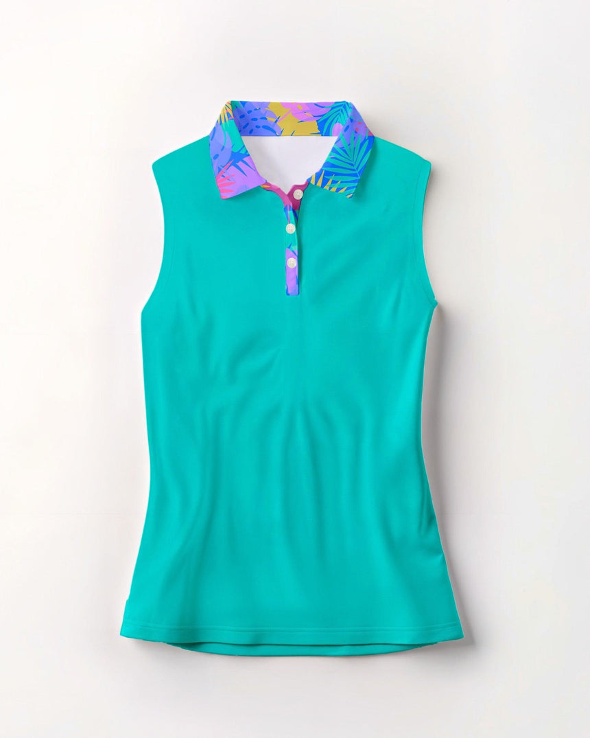 Turquoise sleeveless polo shirt with multicolored collar on a white background