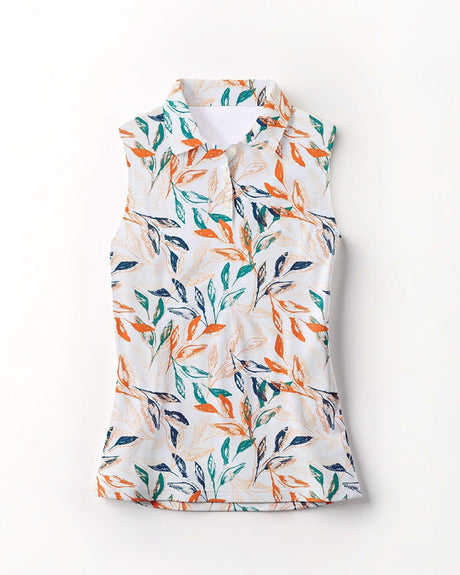 Floral-patterned sleeveless polo top on a white background