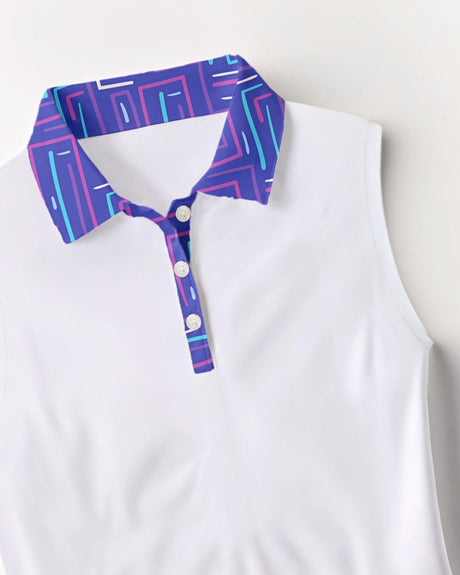 White sleeveless top with a colorful geometric collar on a white background