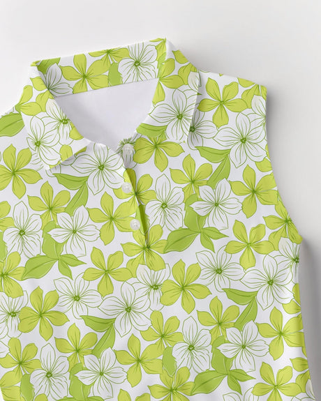 Floral patterned golf shirt with green and white flowers on a white background