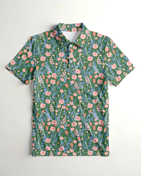 youth short sleeve golf polo in Back Nine Blossoms print - front view