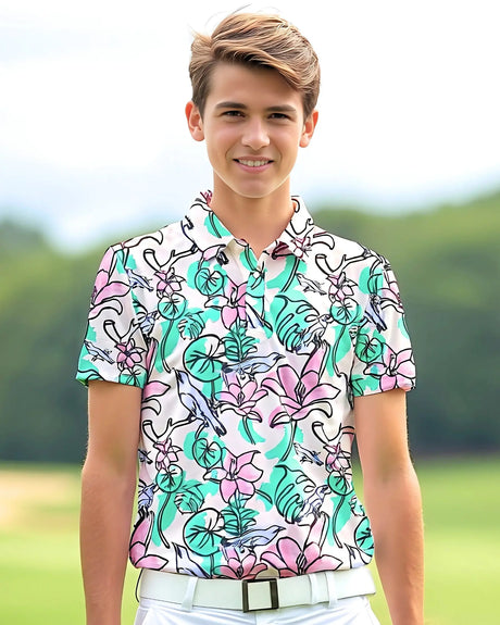 youth short sleeve golf polo in Birdies & Bogeys print - model wearing on course