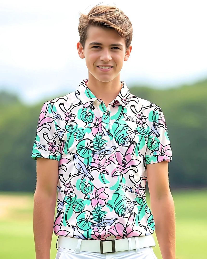 youth short sleeve golf polo in Birdies & Bogeys print - model wearing on course
