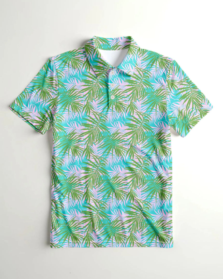 youth short sleeve golf polo in Fern & Fairway print - front view