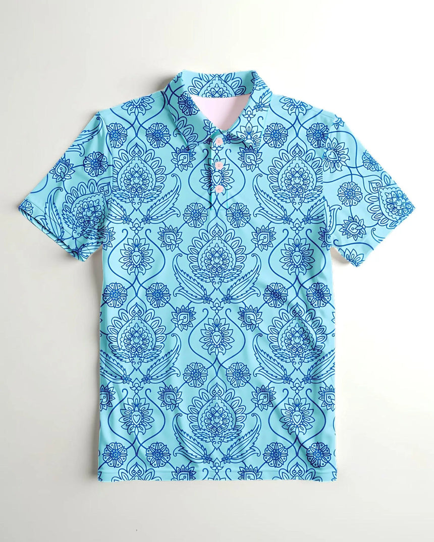 youth short sleeve golf polo in Fore de Fleur print - front view