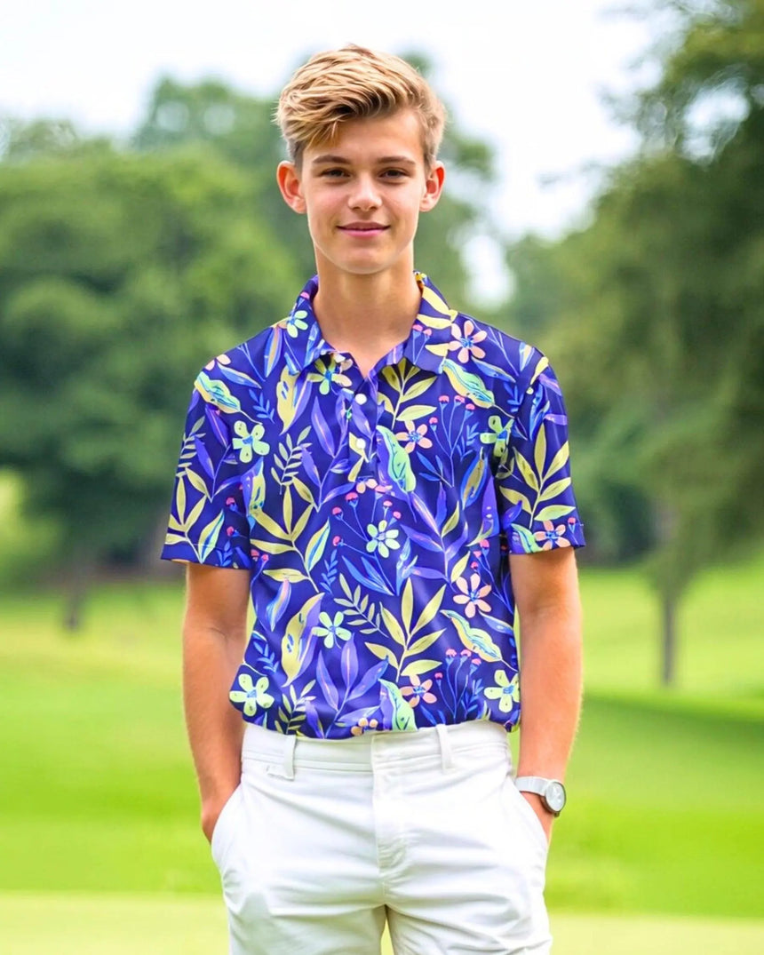 youth short sleeve golf polo in Garden on the Green print - model wearing on course