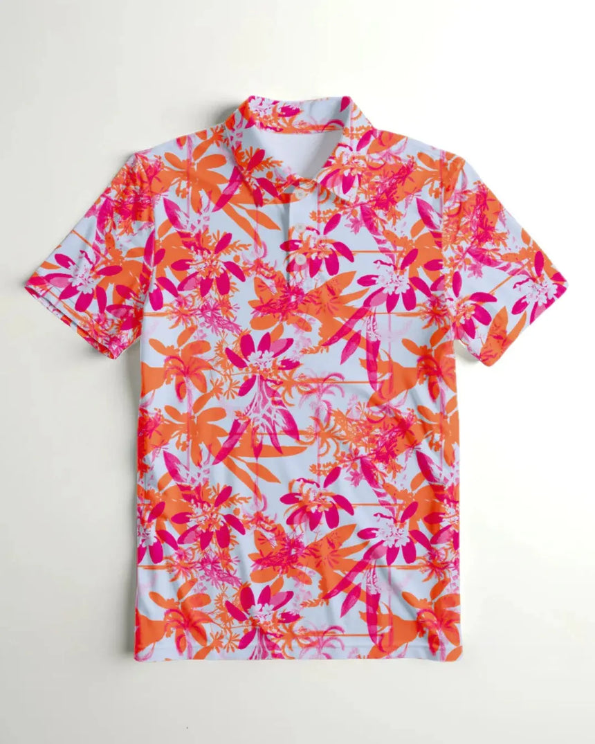 youth short sleeve golf polo in Hot Tropic print - front view