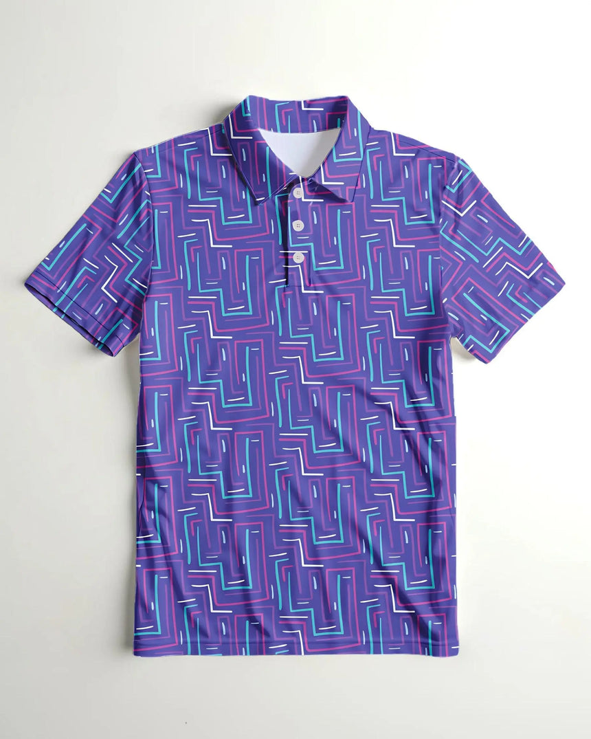 youth short sleeve golf polo in Links Labyrinth print - front view
