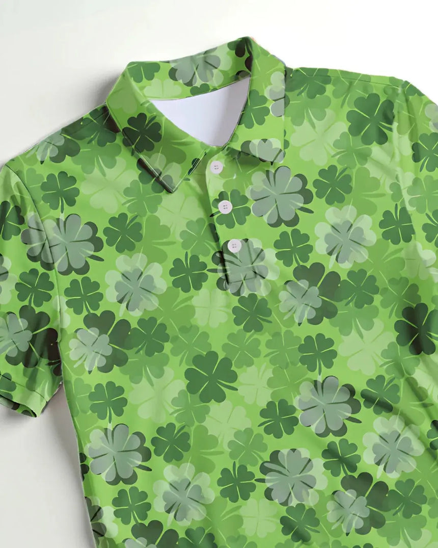youth short sleeve golf polo in Lucky Clover print - fabric closeup front view